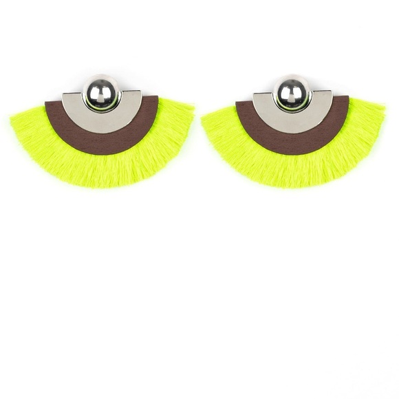 Neon Green Yellow Fan with Brown Leather & Silver Accents Post Earrings - Picture 3 of 3